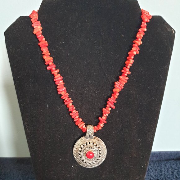 Bold Vintage Indian Genuine Red Coral & 925 Sterling Silver Pendant Necklace - Picture 13 of 16